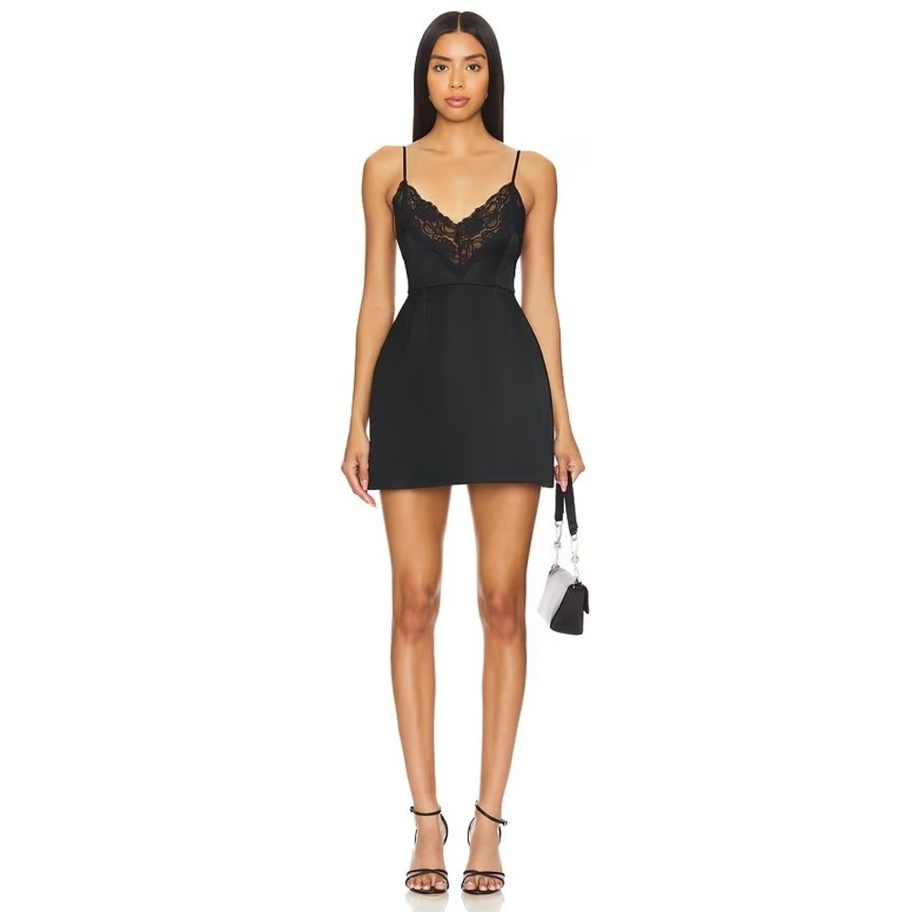 Amanda Uprichard Black Satin Lace Trim Mini Dress V-Neck Straps Size M